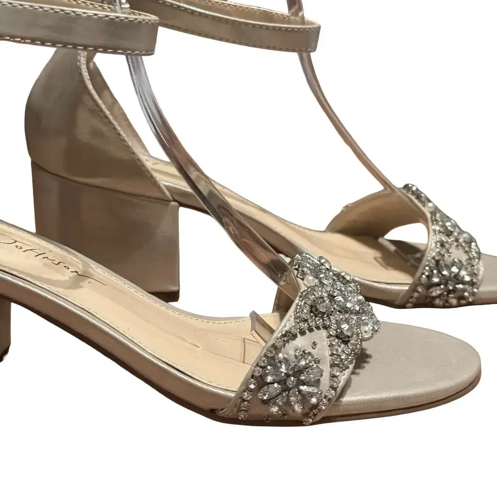 Betsey Johnson Mel Champagne Rhinestone Ankle Strap Block Heel Sandals Shoes 6.5